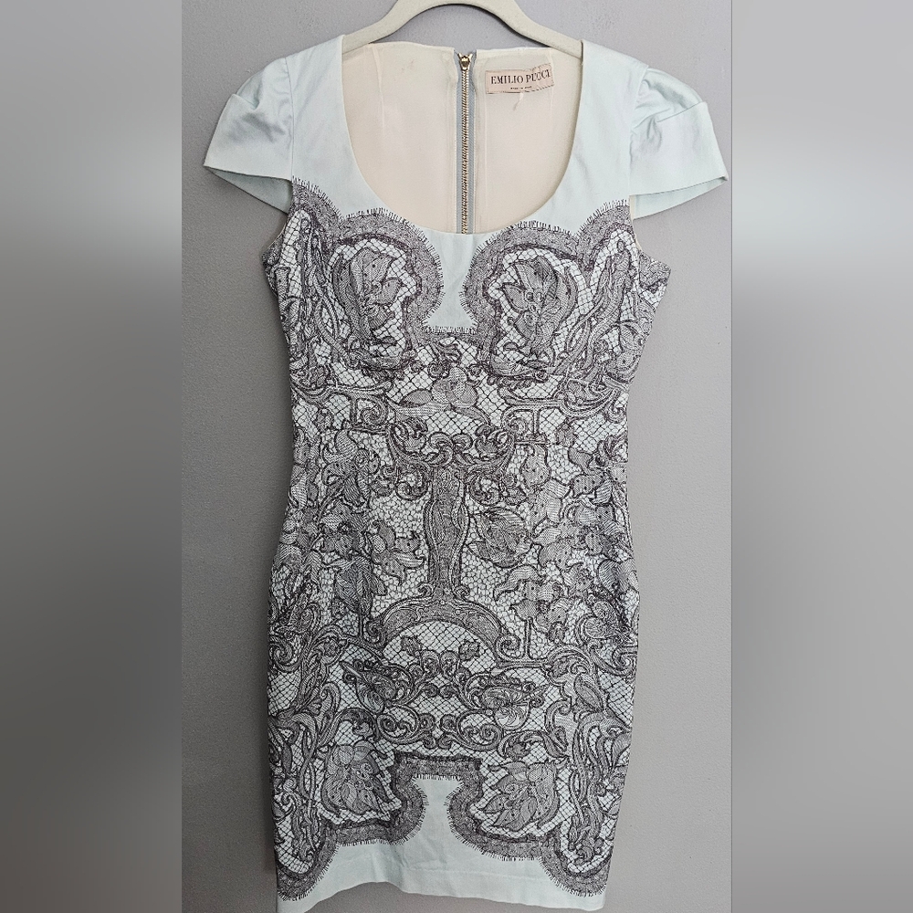 Emilio Pucci Sheath Dress Size 40 (US 4-6/S) Blue Lace Print Dress Made In Italy